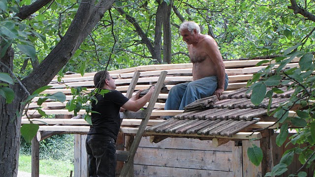 Fixing a roof at the Ethnographical museum